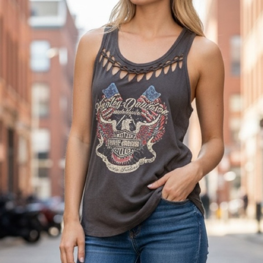 Harley-Davidson Charcoal Cutout Graphic Tank with Red & Cream Accents